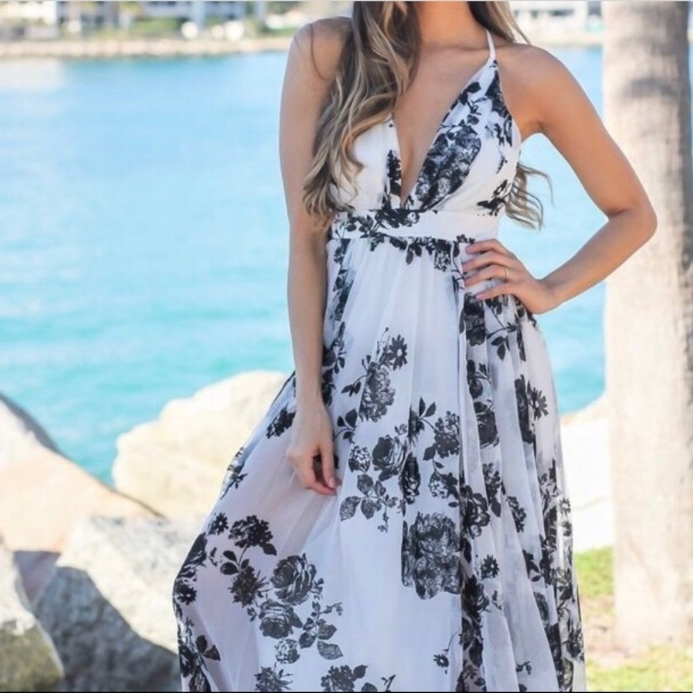 Black and white tulle velvet floral maxi dress